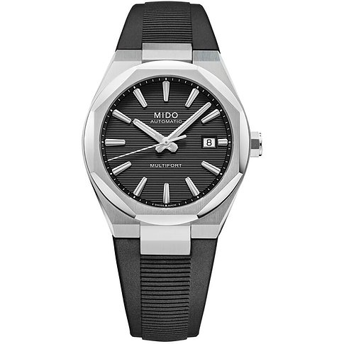 Mido Herrenuhr aus Edelstahl mit schwarzem Zifferblatt und schwarzem Kautschukarmband.