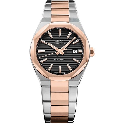 Mido Multifort Herrenuhr aus mehrfarbigem Edelstahl mit schwarzem Zifferblatt und roségoldfarbenen Akzenten.