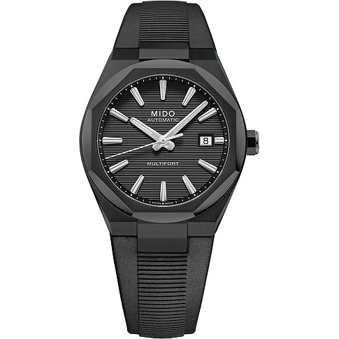 Mido Herrenuhr aus schwarzem Edelstahl mit schwarzem Zifferblatt und schwarzem Kautschukarmband.