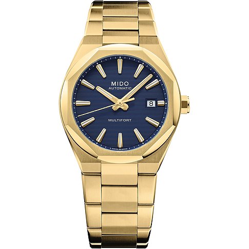 Mido Herrenuhr aus goldfarbenem Edelstahl mit dunkelblauem Zifferblatt und goldfarbenen Indizes und Zeigern.