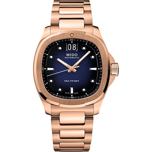 Mido Herrenuhr aus roségoldenem Edelstahl mit dunkelblauem Zifferblatt und Datumsanzeige auf der 12-Uhr-Position.