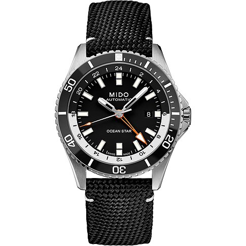 Mido Ocean Star Herrenuhr aus Edelstahl mit schwarzem Zifferblatt und schwarzem Textilarmband.