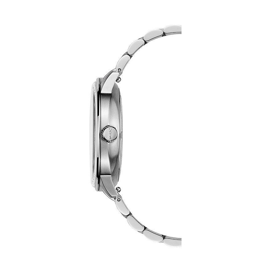 Seitenansicht einer Mido Herrenuhr aus Edelstahl. Das runde Gehäuse und das silberfarbene Armband sind sichtbar.