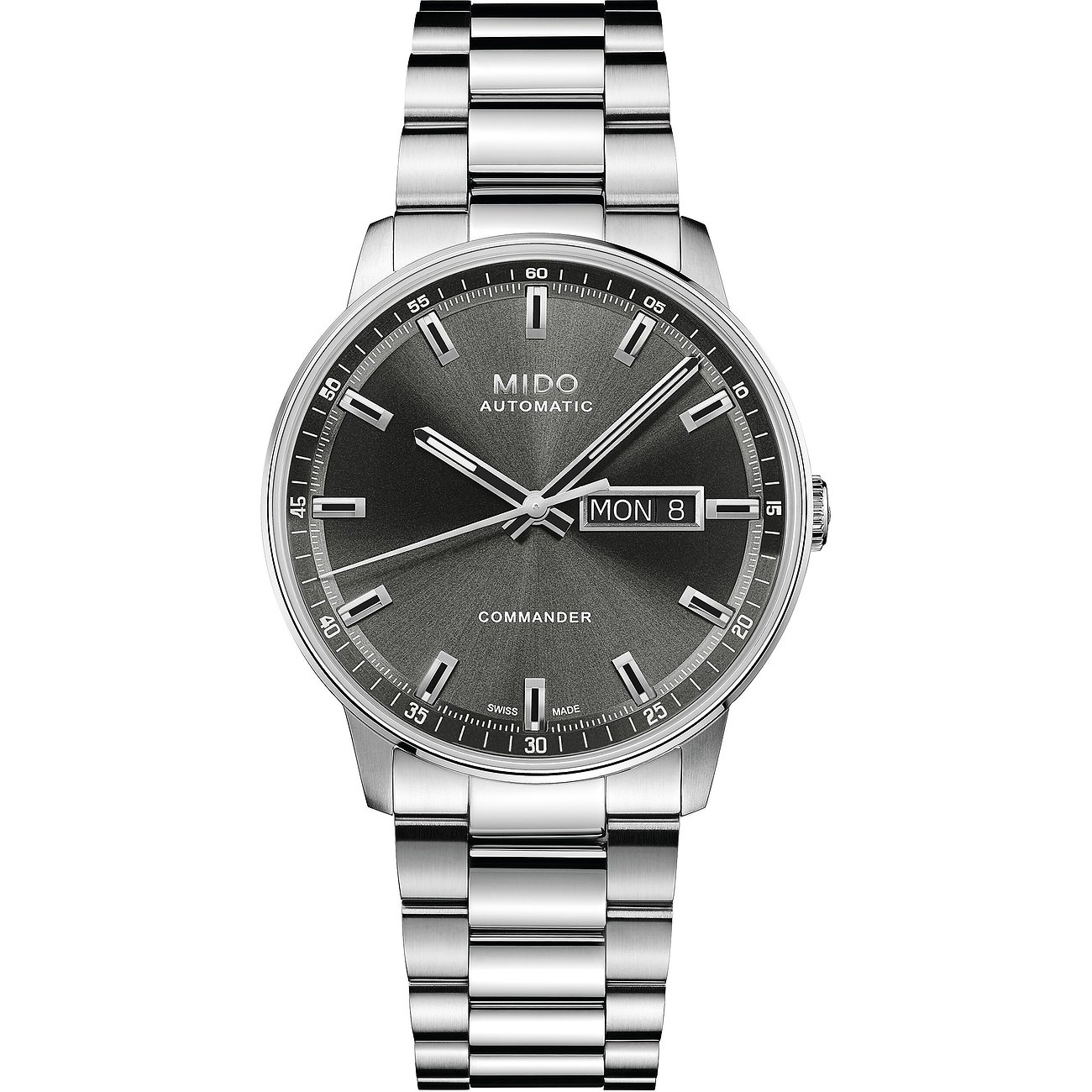 Die Mido Commander Herrenuhr aus Edelstahl zeigt ein graues Zifferblatt mit Datumsanzeige und silbernen Indizes.