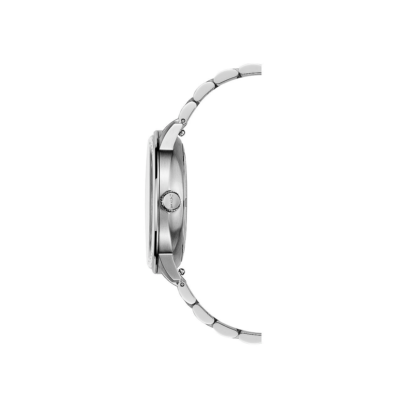 Seitenansicht einer Mido Herrenuhr aus Edelstahl. Das runde Gehäuse und das silberfarbene Armband sind sichtbar.