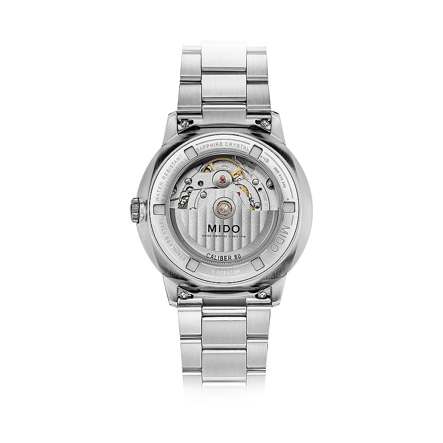 Rückansicht der Mido Herrenuhr aus Edelstahl mit sichtbarem Uhrwerk und Sapphire Crystal Gravur.