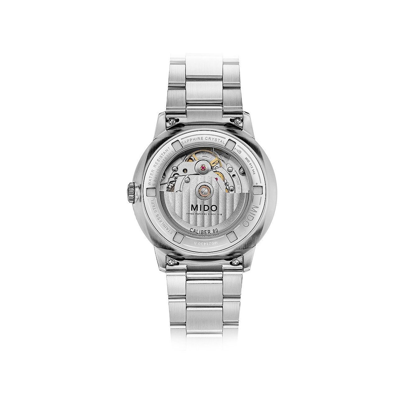 Rückansicht der Mido Herrenuhr aus Edelstahl mit sichtbarem Uhrwerk und Sapphire Crystal Gravur.