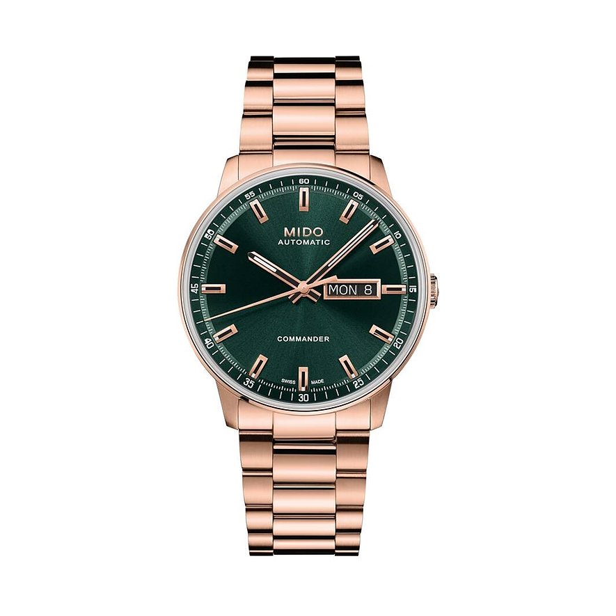 Mido Herrenuhr aus roségoldfarbenem Edelstahl mit dunkelgrünem Zifferblatt und Datumsanzeige.