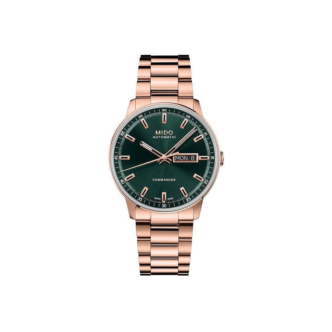 Mido Herrenuhr aus roségoldfarbenem Edelstahl mit dunkelgrünem Zifferblatt und Datumsanzeige.