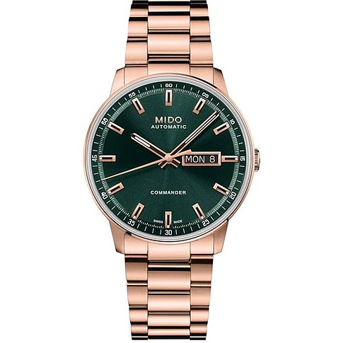 Mido Herrenuhr aus roségoldfarbenem Edelstahl mit dunkelgrünem Zifferblatt und Datumsanzeige.