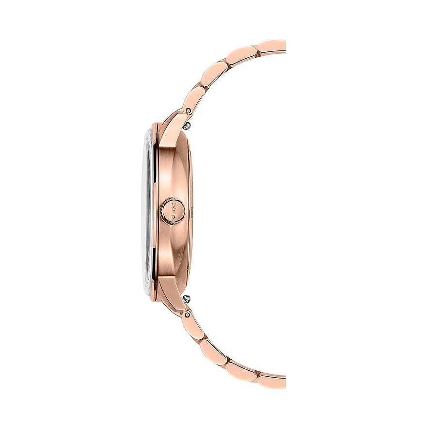 Seitenansicht der Mido Herrenuhr aus roségoldfarbenem Edelstahl mit Kronen-Detail.