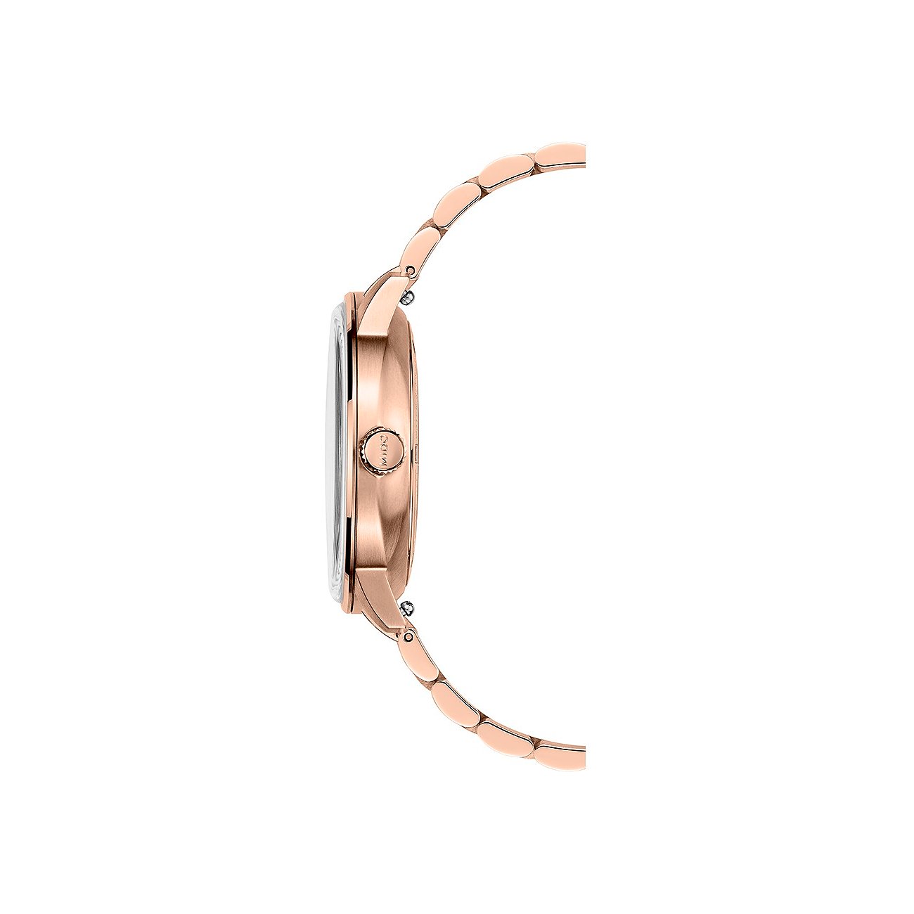 Seitenansicht der Mido Herrenuhr aus roségoldfarbenem Edelstahl mit Kronen-Detail.
