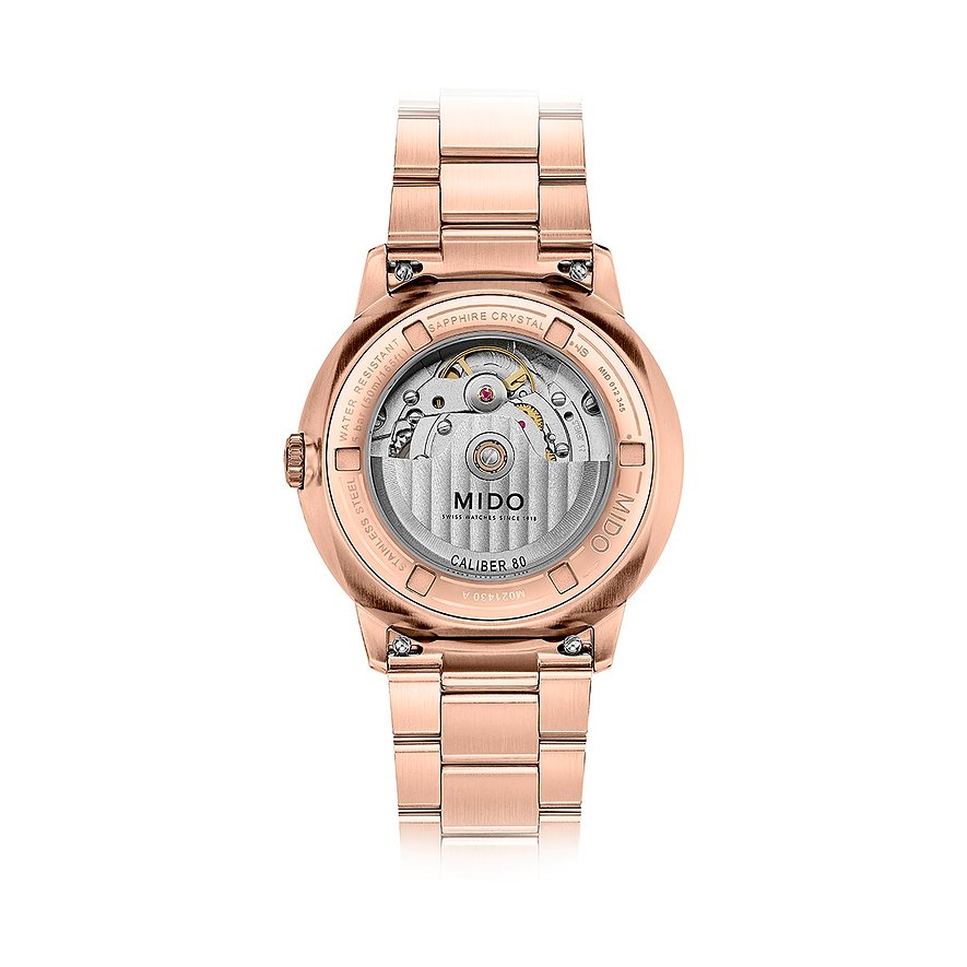 Rückansicht der Mido Herrenuhr aus roségoldfarbenem Edelstahl mit durchsichtiger Gehäusebodensicht auf das Uhrwerk.