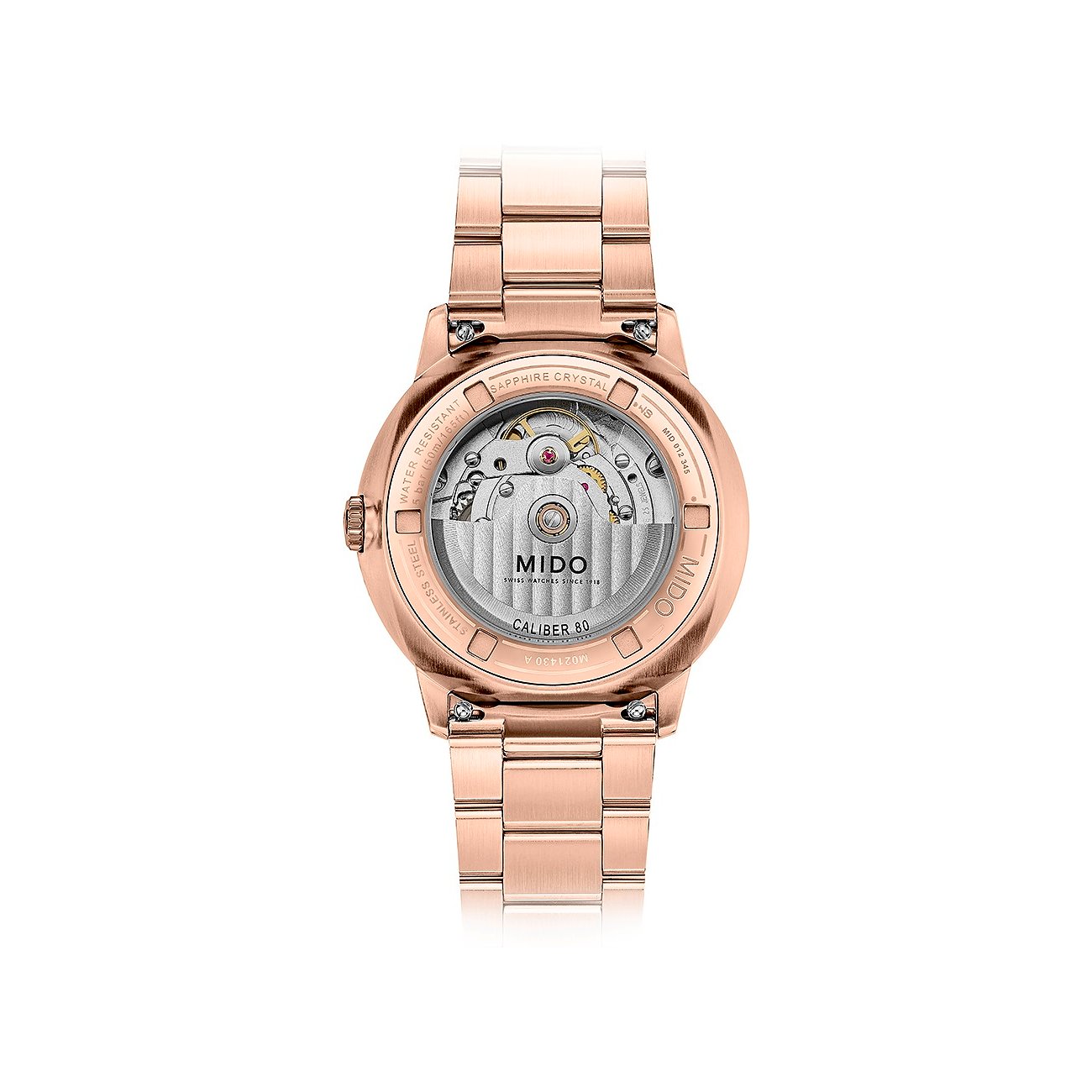 Rückansicht der Mido Herrenuhr aus roségoldfarbenem Edelstahl mit durchsichtiger Gehäusebodensicht auf das Uhrwerk.