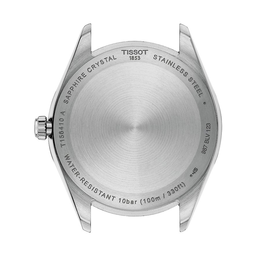 Rückseite einer Tissot Herrenuhr aus Edelstahl mit gravierten Produktinformationen und Merkmalen.