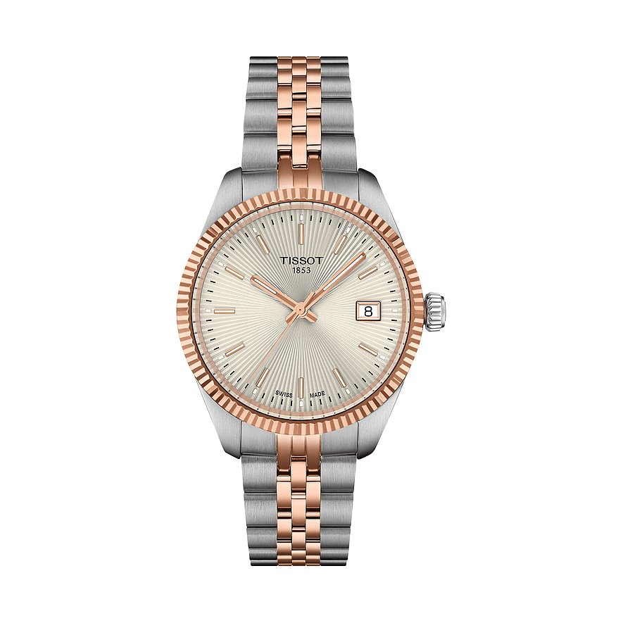 Tissot Damenuhr aus Edelstahl mit silbernem Zifferblatt und roségoldenen Akzenten, frontale Ansicht. Zweifarbiges Band.