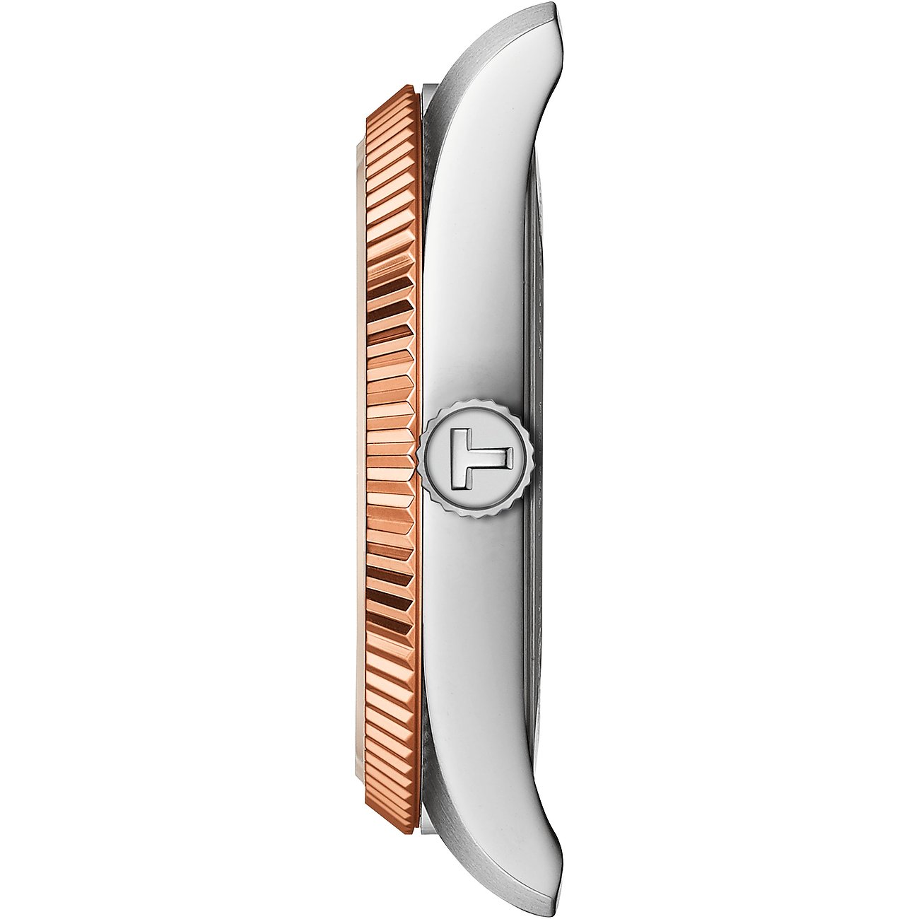 Seitenansicht einer Tissot Damenuhr aus Edelstahl mit geriffelter Lünette in Roségold-Optik und Krone mit graviertem „T“.