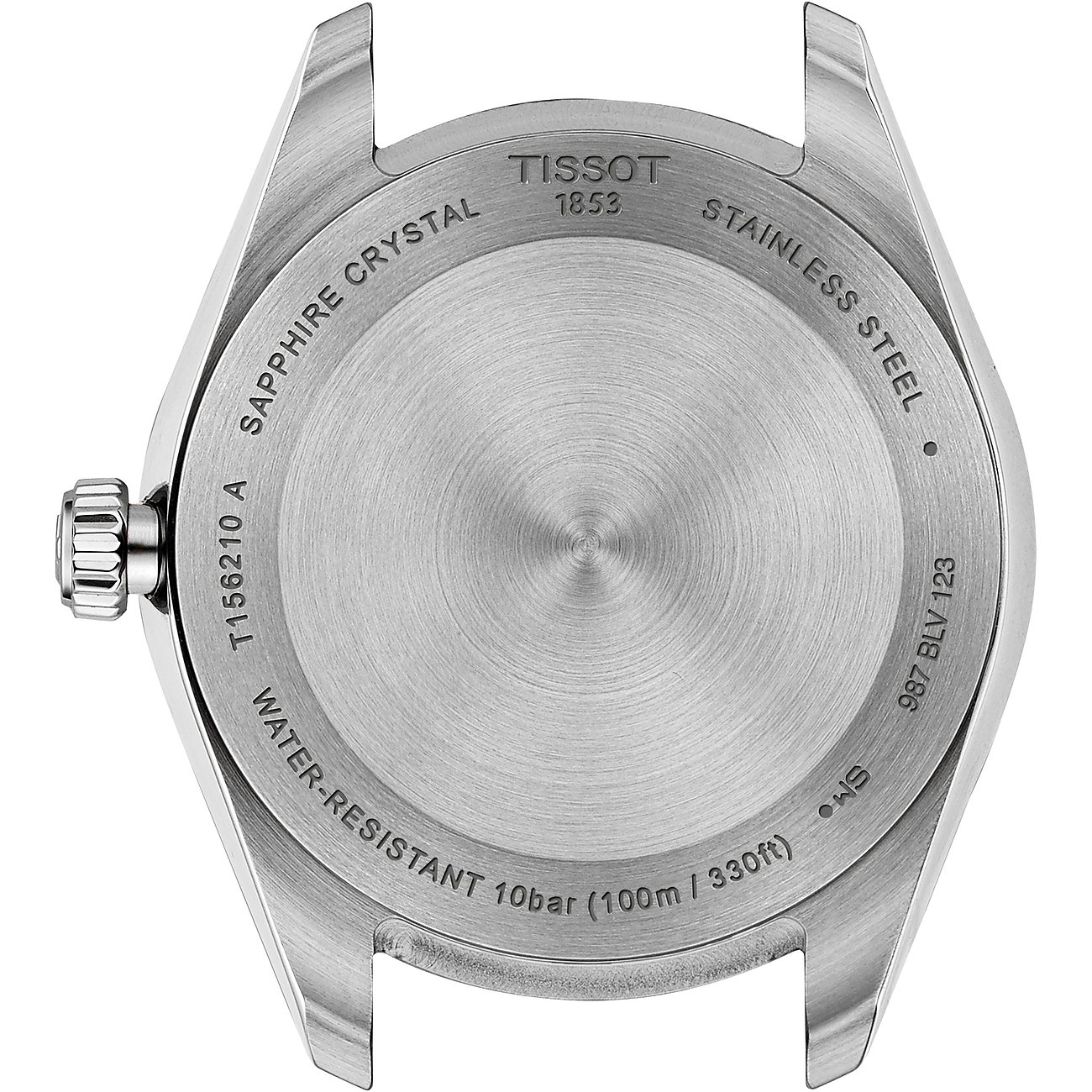 Die Rückseite einer Tissot Damenuhr aus Edelstahl, mit Gravuren wie 