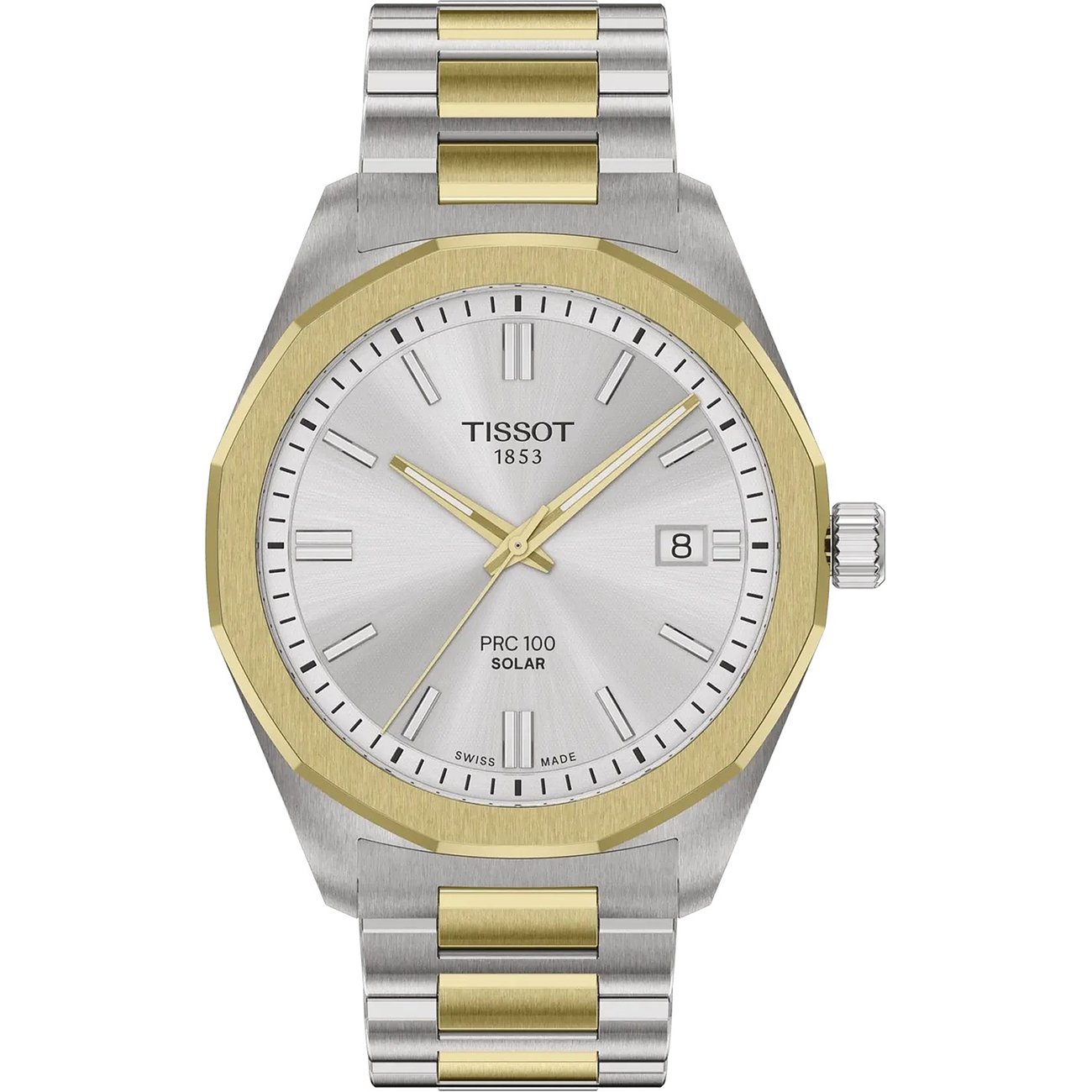 Tissot Herrenuhr aus Edelstahl in Gold und Silber, mit silbernem Zifferblatt und Datumsanzeige.