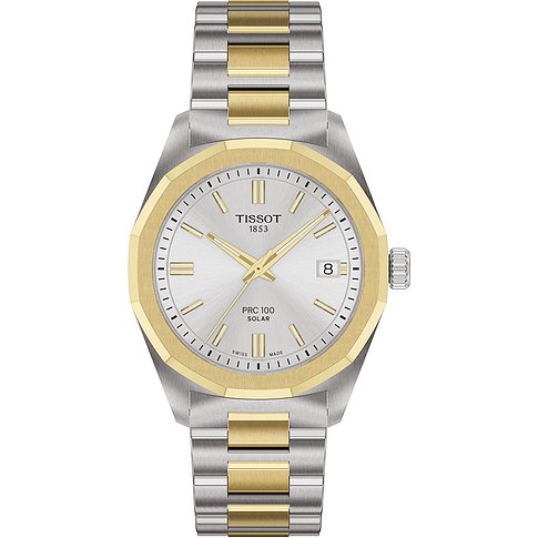 Tissot Damenuhr, Modell PRC 100 Solar, aus glänzendem Edelstahl mit goldfarbenen Akzenten im Armband und Gehäuse.