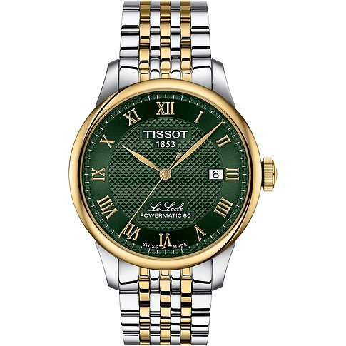 Tissot Herrenuhr aus Edelstahl mit goldenem Gehäuse und Armbandakzenten, dunkelgrünem Zifferblatt und römischen Ziffern.