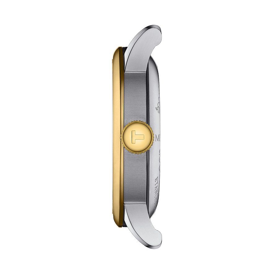 Seitenansicht der Tissot Herrenuhr aus goldenem und silbernem Edelstahl, mit Krone und T-Logo.