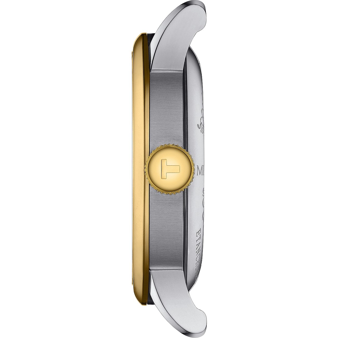 Seitenansicht der Tissot Herrenuhr aus goldenem und silbernem Edelstahl, mit Krone und T-Logo.