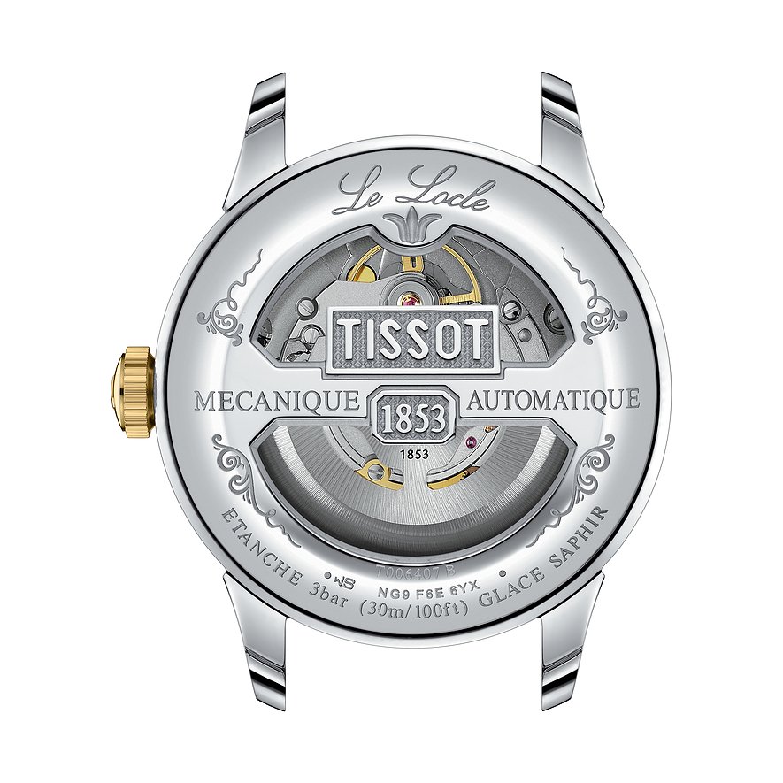 Rückansicht der Tissot Herrenuhr aus Edelstahl mit sichtbarem Automatikwerk und goldener Krone.