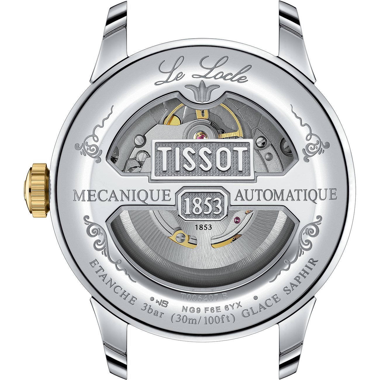 Rückansicht der Tissot Herrenuhr aus Edelstahl mit sichtbarem Automatikwerk und goldener Krone.