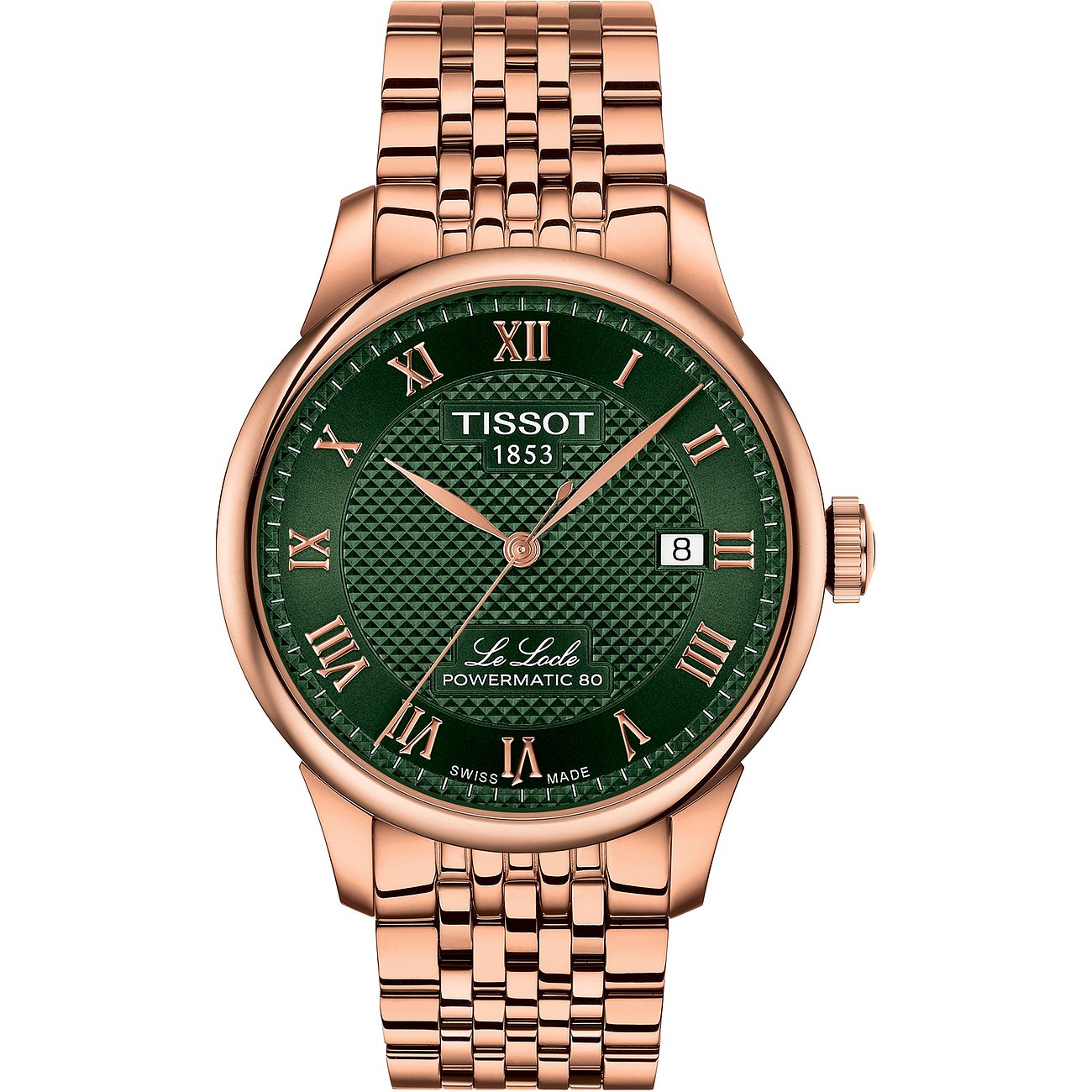 Tissot Herrenuhr aus roségoldfarbenem Edelstahl mit dunkelgrünem Zifferblatt und römischen Ziffern.