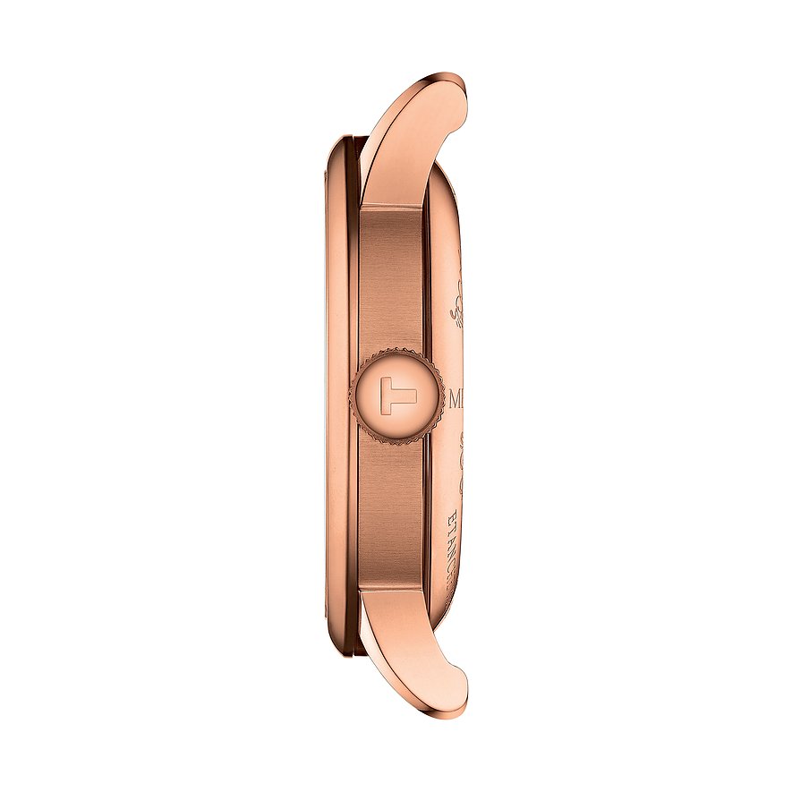 Seitenansicht einer Tissot Herrenuhr aus roségoldfarbenem Edelstahl. Die Krone mit T-Logo ist deutlich sichtbar.