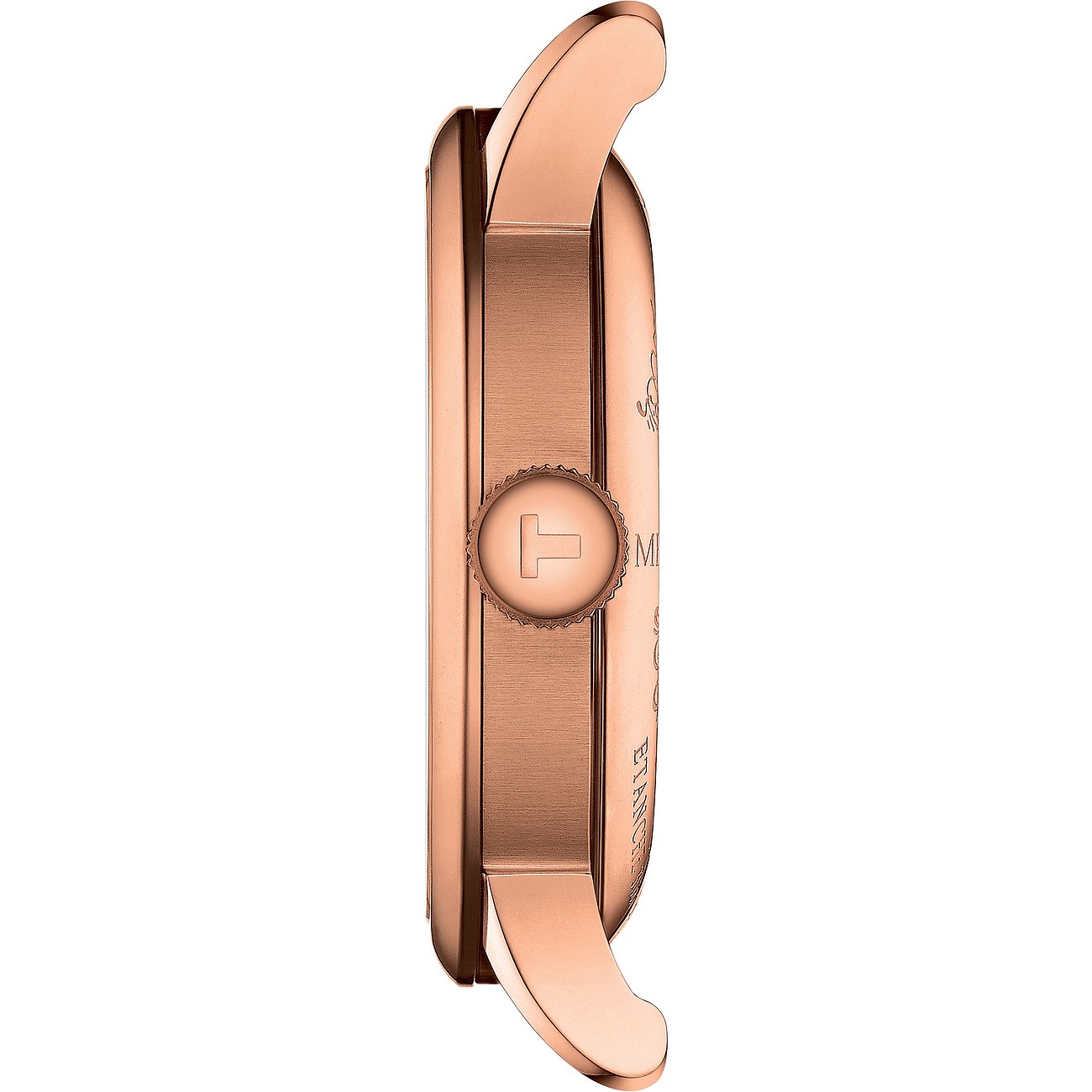 Seitenansicht einer Tissot Herrenuhr aus roségoldfarbenem Edelstahl. Die Krone mit T-Logo ist deutlich sichtbar.