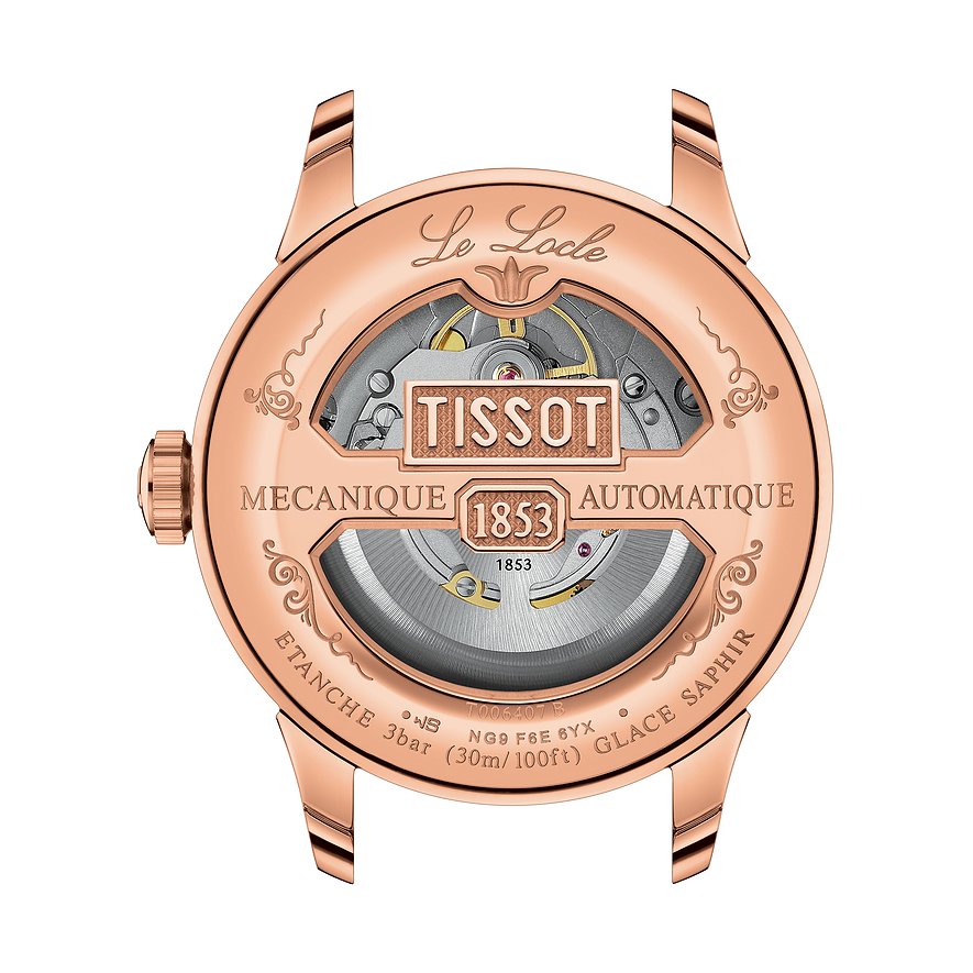 Rückseite einer roségoldfarbenen Tissot Herrenuhr aus Edelstahl mit sichtbarem komplexem Uhrwerk.