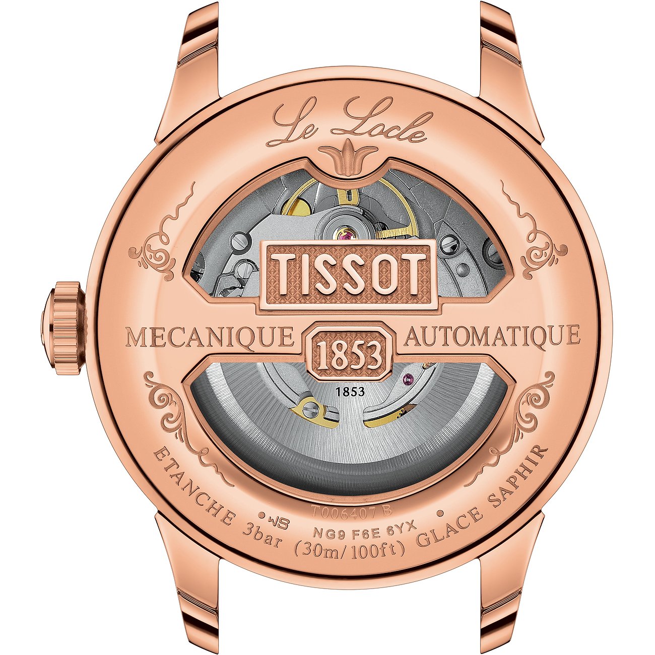 Rückseite einer roségoldfarbenen Tissot Herrenuhr aus Edelstahl mit sichtbarem komplexem Uhrwerk.