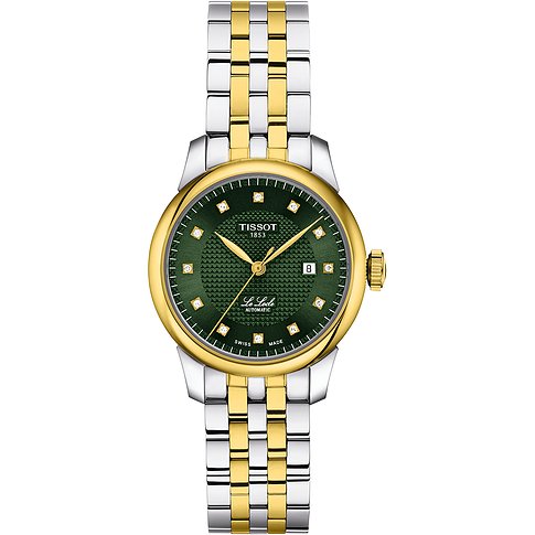 Die Tissot Damenuhr aus Edelstahl hat ein Bicolor-Band, ein goldenes Gehäuse und ein dunkelgrünes Zifferblatt mit Diamanten.