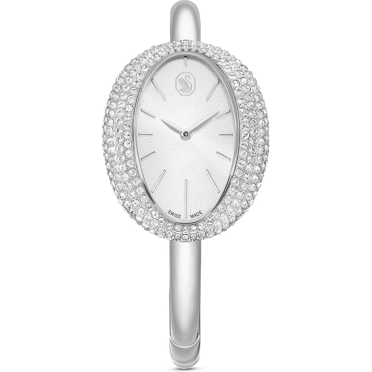 Swarovski Edelstahl-Uniseuhr mit ovalem, silbernen Zifferblatt und umlaufenden Swarovski-Kristallen.