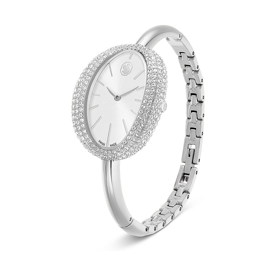 Swarovski Unisexuhr aus Edelstahl mit elegantem Armreif, ovales Zifferblatt mit funkelnden Swarovski-Kristallen.