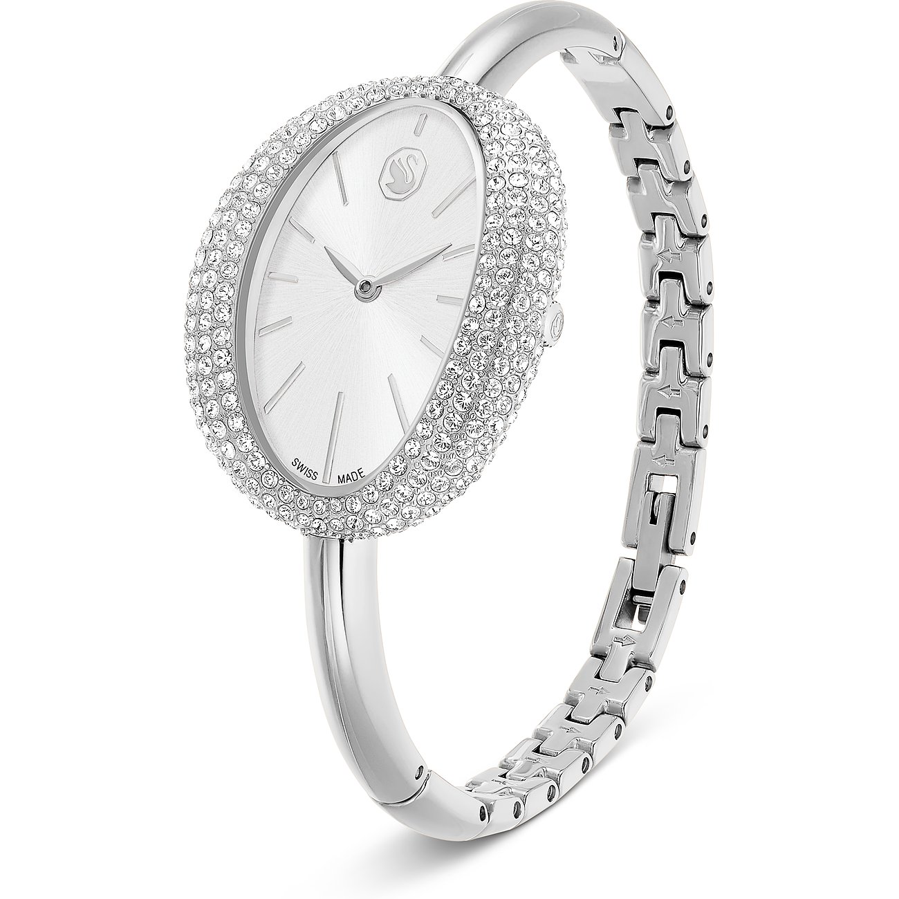 Swarovski Unisexuhr aus Edelstahl mit elegantem Armreif, ovales Zifferblatt mit funkelnden Swarovski-Kristallen.