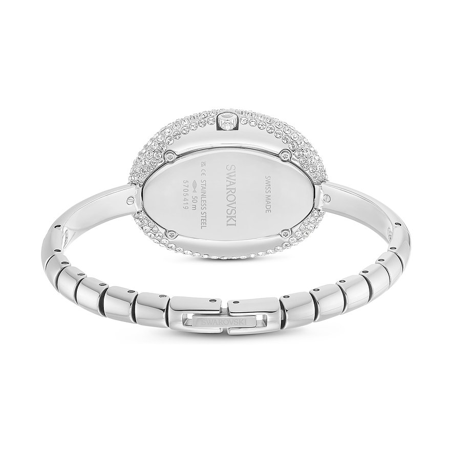 Rückseite einer Swarovski Unisex-Uhr aus Edelstahl mit ovalem Gehäuse, das mit vielen kleinen Kristallen besetzt ist