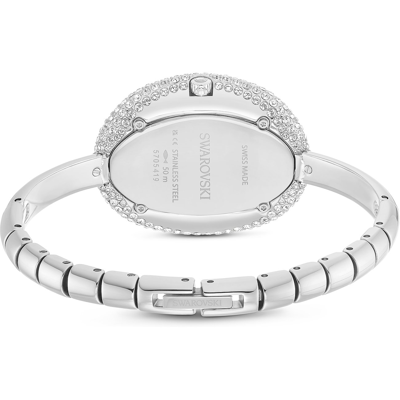 Rückseite einer Swarovski Unisex-Uhr aus Edelstahl mit ovalem Gehäuse, das mit vielen kleinen Kristallen besetzt ist