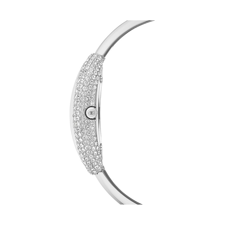 Seitenansicht einer Swarovski Unisexuhr aus Edelstahl mit Swarovski-Kristallen besetzt und einer detailreichen Krone.
