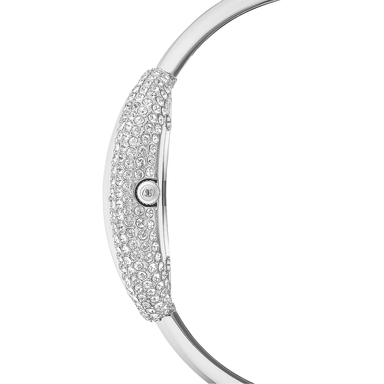 Seitenansicht einer Swarovski Unisexuhr aus Edelstahl mit Swarovski-Kristallen besetzt und einer detailreichen Krone.