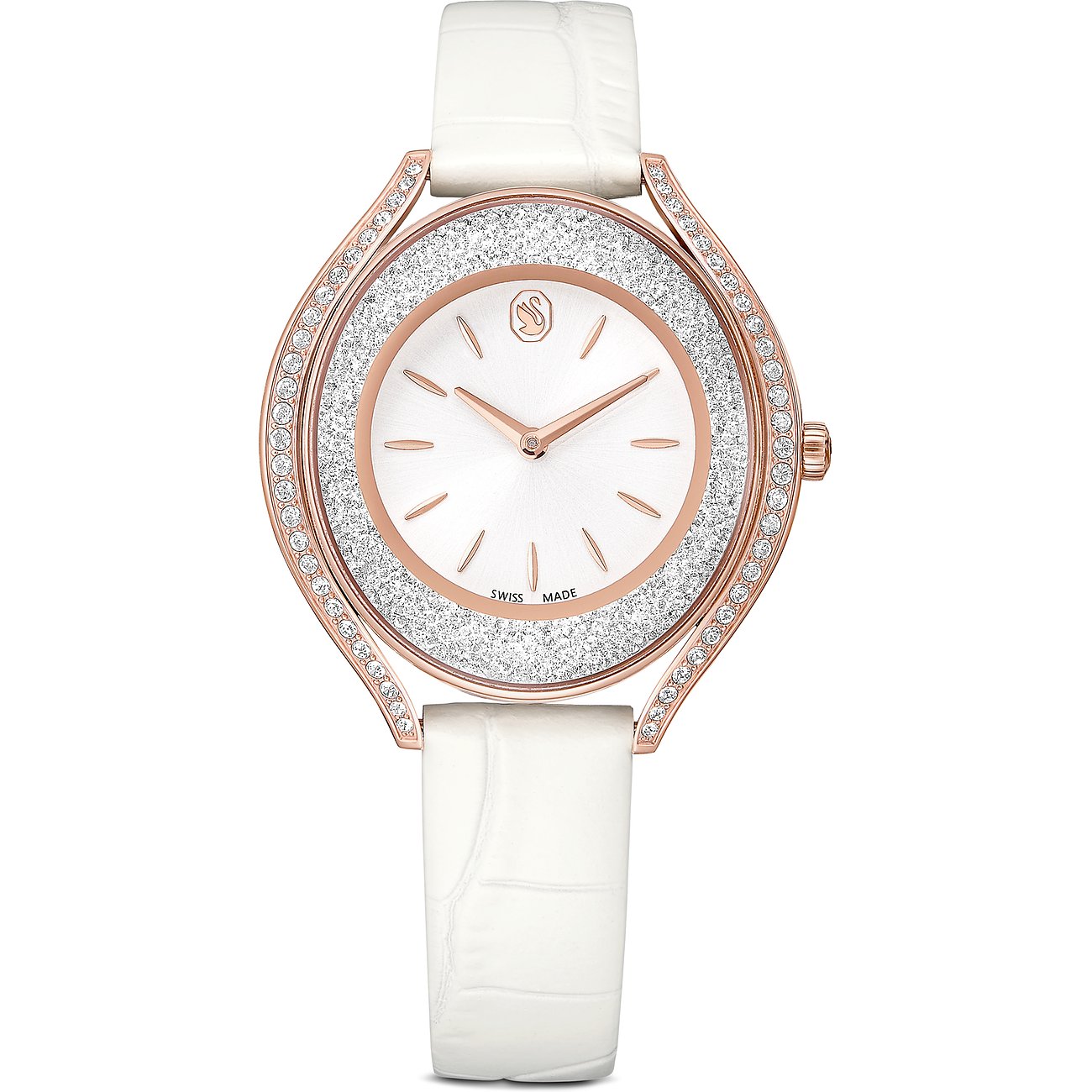 Swarovski Unisexuhr aus Edelstahl mit weißem Band und facettiertem Swarovski-Kristallpavé in Roségoldoptik.