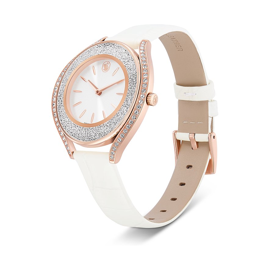 Swarovski Unisexuhr aus Edelstahl in Roségold mit weißem Band, Zifferblatt und Kristallen. Von oben rechts.