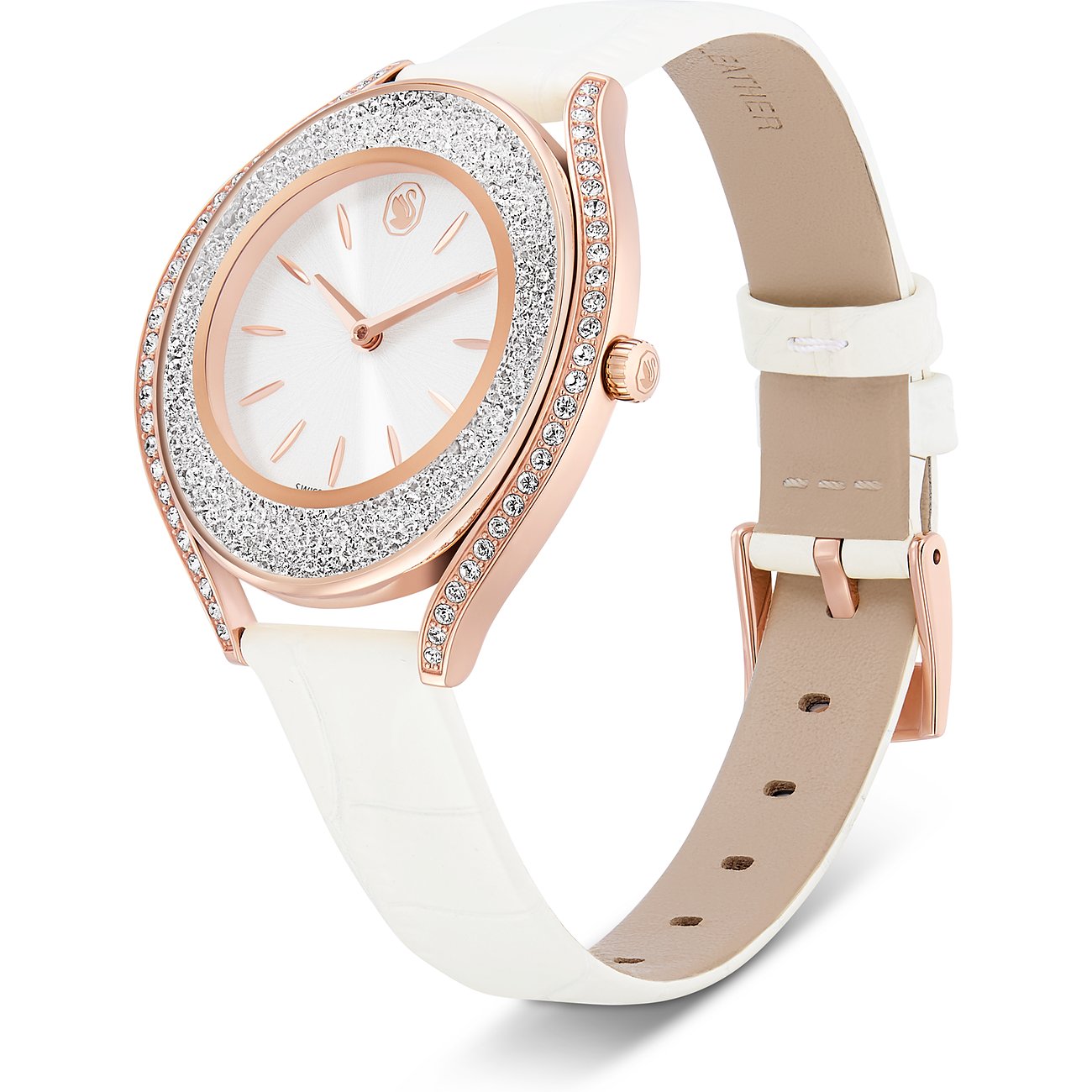 Swarovski Unisexuhr aus Edelstahl in Roségold mit weißem Band, Zifferblatt und Kristallen. Von oben rechts.