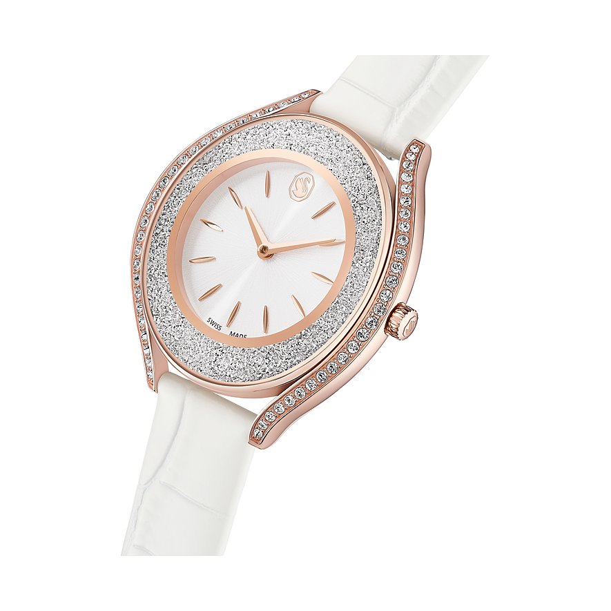 Swarovski Unisexuhr aus roségoldfarbenem Edelstahl mit weißem Lederarmband und feinen Swarovski-Kristallen.