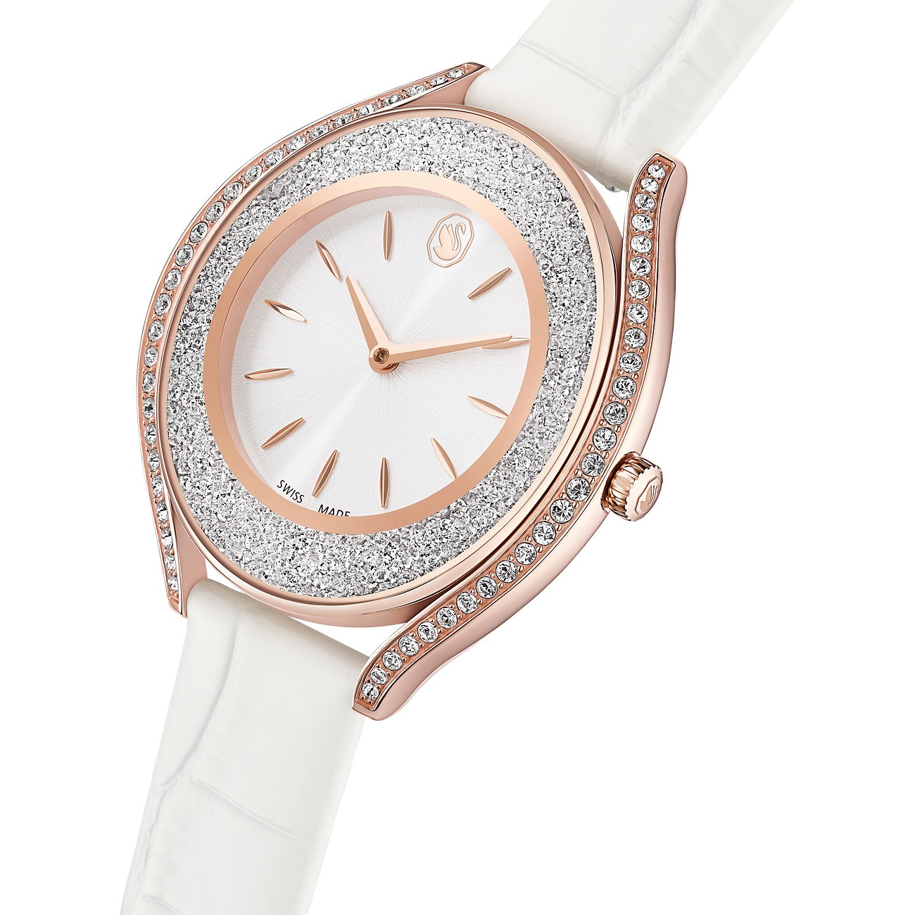 Swarovski Unisexuhr aus roségoldfarbenem Edelstahl mit weißem Lederarmband und feinen Swarovski-Kristallen.