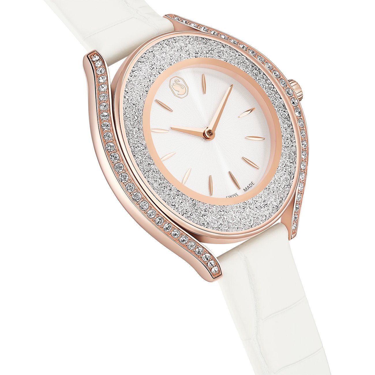 Swarovski Unisexuhr: roségoldfarbener Edelstahl, weißes Zifferblatt, weißes Band, umrandet von funkelnden Kristallen.