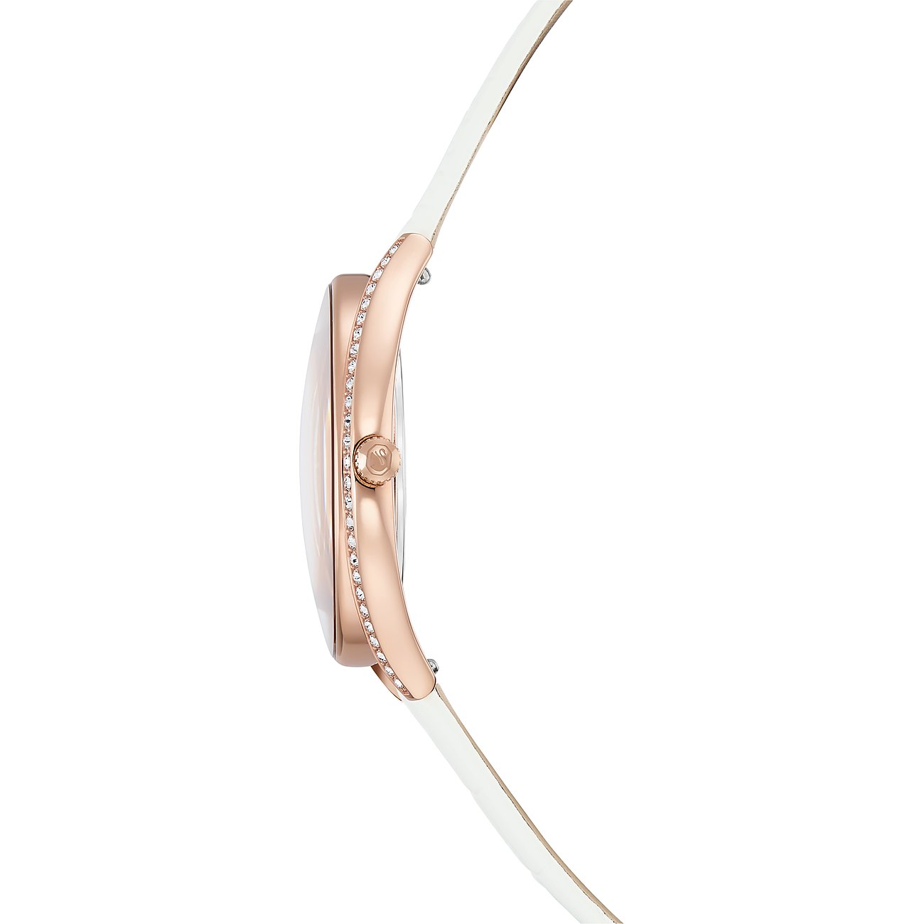 Die Swarovski Uhr aus Edelstahl in Roségold ist von der Seite zu sehen und verfügt über ein weißes Armband.