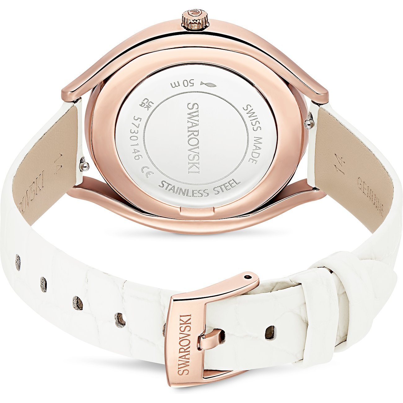 Die Rückseite einer Swarovski Unisexuhr aus Edelstahl mit roségoldfarbender Lünette und weißem Lederarmband.